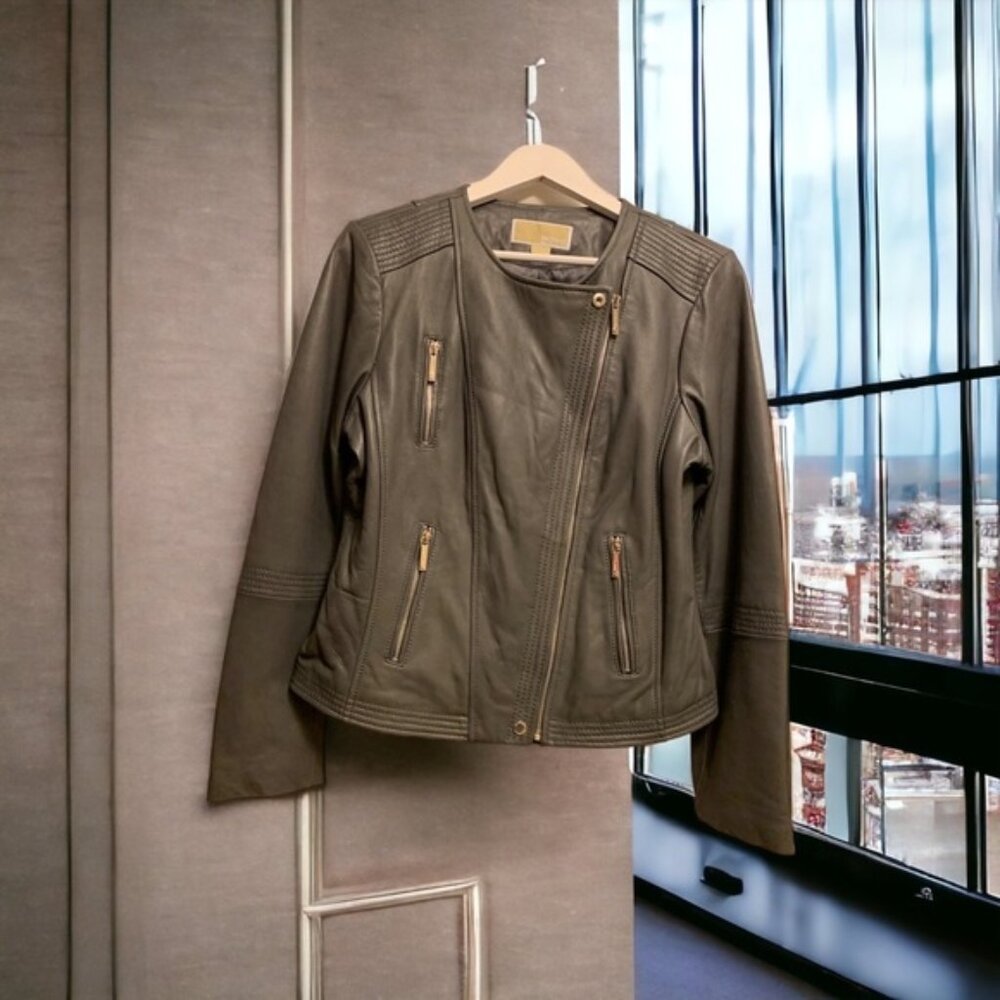 Michael Kors Gray leather jacket size Large. Great Deal